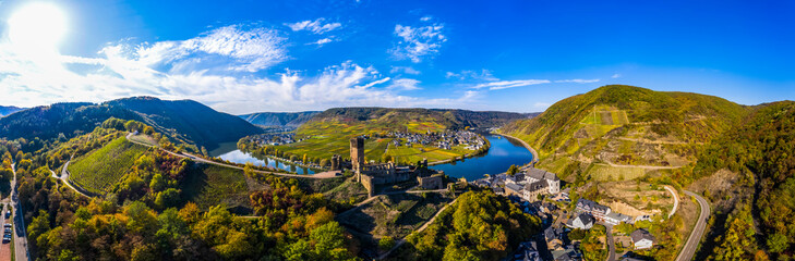 Aerial view, Poltersdorf with vineyards and the castle Metternich, Mosel, Cochem-Zell district,...
