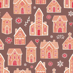 Seamless pattern with sweet delicious gingerbread houses and decorated with sugar icing. Backdrop with tasty dessert products on dark background. Colorful vector illustration in flat cartoon style.