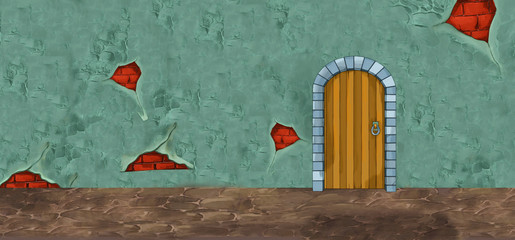cartoon scene with empty castle room with wooden door to somewhere - illustration for children