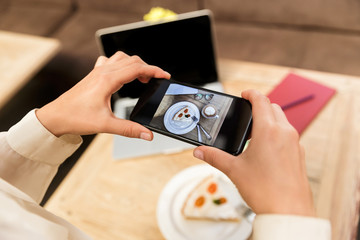 Cropped photo of caucasian woman wearing hat photographing food on cell phone, while sitting in stylish cafe
