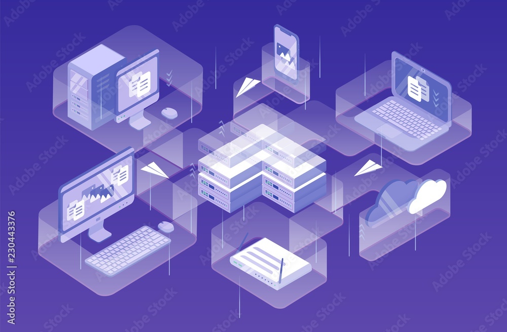 Poster modern electronic devices, equipment or gadgets and paper planes flying between them. data network m