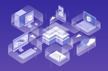 Modern electronic devices, equipment or gadgets and paper planes flying between them. Data network management, computer system administering. Creative colorful isometric vector illustration.