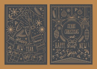 Bundle of Christmas and New Year greeting card templates with traditional holiday decorations drawn in line art style - gifts, baubles, champagne, light garlands. Monochrome vector illustration.
