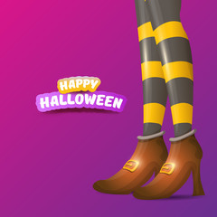 vector happy halloween party poster with women witch legs and vintage ribbon with text happy halloween on violet background . girls legs with stripped stockings and shoes.