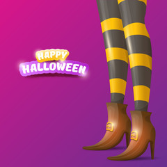vector happy halloween party poster with women witch legs and vintage ribbon with text happy halloween on violet background . girls legs with stripped stockings and shoes.
