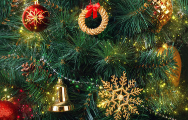 Decorations in the Scandinavian style on an artificial Christmas tree