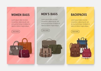 Collection of colorful vertical web banner templates with men's and women's handbags, backpacks and place for text. Modern vector illustration for bag shop or boutique promotion, advertisement.