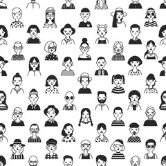 Seamless pattern with faces or heads of old and young people. Backdrop with fashionable men and women hand drawn with black contour lines on white background. Vector illustration in doodle style.