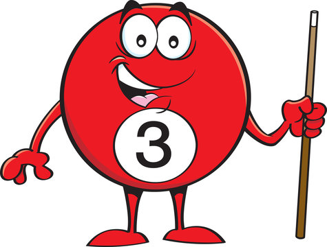 recommend clip art: Cartoon illustration of a happy billiard ball holding a pool cue.