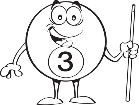 recommend clip art: Black and white illustration of a happy billiard ball holding a pool cue.