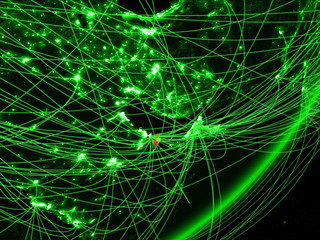Qatar on green model of planet Earth with network at night. Concept of green technology, communication and travel.
