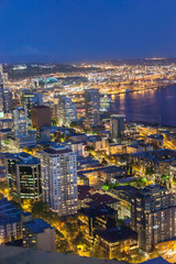 Beautiful panoramic view of Seattle Cityscape ,View of downtown Seattle and Mount rainier at night in Seattle Washington, USA