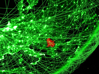 Serbia on green model of planet Earth with network at night. Concept of green technology, communication and travel.
