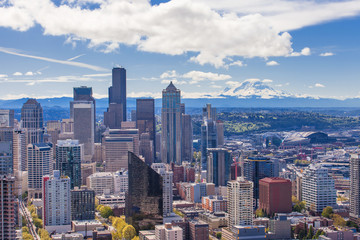 Panoramic view of Seattle and Mount Rainier is background,This is a famous tourist in Seattle ,Washington state USA.