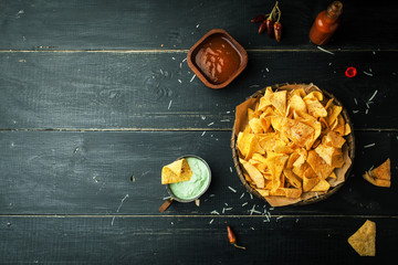 Mexican nachos with sauce and ketchup