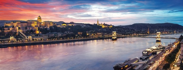 High resolution aerial panorama of Budapest, Hungary. Sunset over the city with the Chain Bridge, the Danube river and Buda Palace