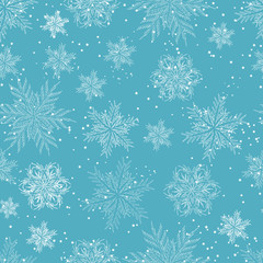 Blue new-year seamless pattern of snowflakes. Christmas and New Year background. Vector.