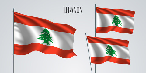 Lebanon waving flag set of vector illustration. White red colors and tree