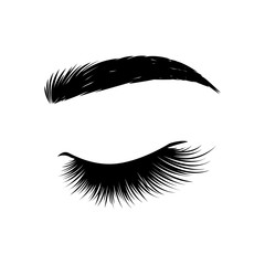 Black lashes. Woman eyes with long eyelashes, vector illustration. Eyelashes and eyebrows on white background. Сoncept of eyelash extensions, microblading, mascara, beauty salon. Beauty and Fashion.