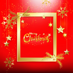 Obraz na płótnie Canvas Red Christmas background with gold glitter confetti decoration with golden frame with copy space.