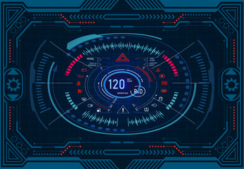Car service. Futuristic dashboard design on a graphic monitor in frame. Speedometer, tachometer. GUI HUD Illustration