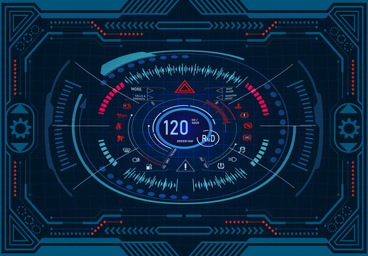 Car service. Futuristic dashboard design on a graphic monitor in frame. Speedometer, tachometer. GUI HUD Illustration