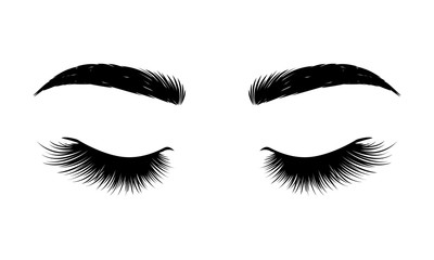 Black lashes. Woman eyes with long eyelashes, vector illustration. Eyelashes and eyebrows on white background. Сoncept of eyelash extensions, microblading, mascara, beauty salon. Beauty and Fashion.