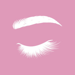 White lashes. Woman eyes with long eyelashes, vector illustration. Eyelashes and eyebrows on pink background. Сoncept of eyelash extensions, microblading, mascara, beauty salon. Beauty and Fashion.