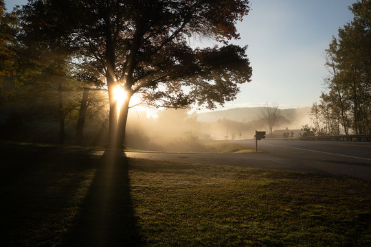 A foggy morning suburban landscape in Vermont