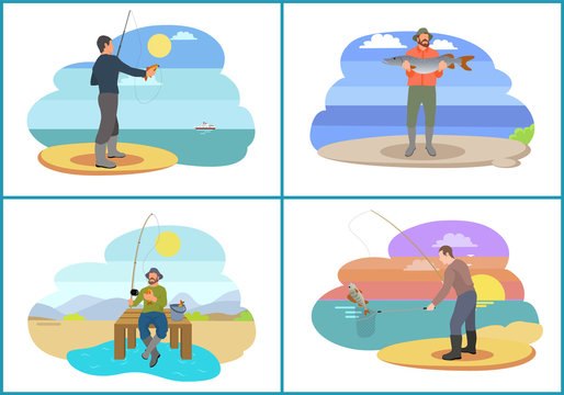 Fishing Set Active People Vector Illustration