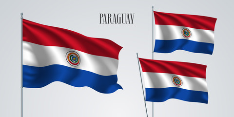 Paraguay waving flag set of vector illustration. Blue red colors