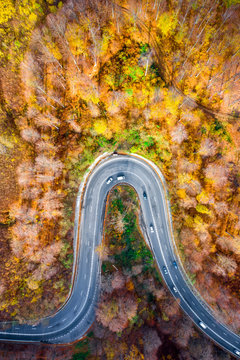 Aerial view of a winding road with cars and trucks on it trough the forest in autumn season