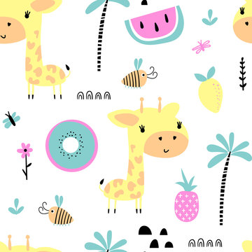 Seamless pattern with cute giraffe