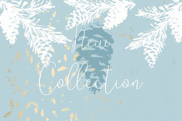 Trendy Chic Pastel colored background with Gold Foil shapes and painted christmas tree silhouettes. Abstract unusual textures for wallpaper, greeting cards, headers, decoration elements. Vector