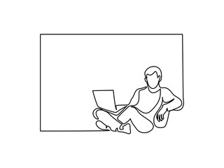 Continuous one line drawing. Young man relaxing in armchair, sitting with laptop computer. Vector illustration