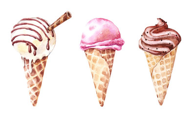 Ice cream in a waffle cone, watercolor ice cream.