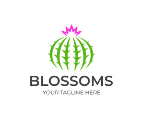 Round cactus with flower logo design. Green cactus with sharp thorns vector design. Cacti logotype © artsterdam