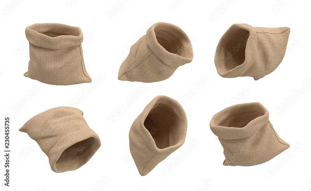 Wall mural 3d rendering of six open hessian money bags flying on a white background with nothing inside.