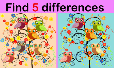 Cartoon Illustration of Find the Differences Educational Activity Game for Children with Owls