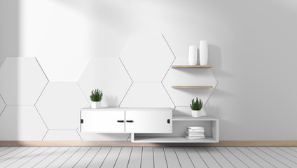 Tv cabinet in room white hexagon tile minimal designs, zen style. 3d rendering