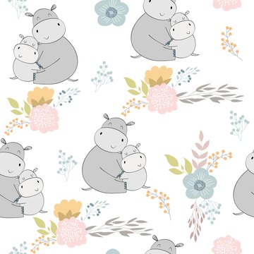 Seamless pattern. Vector hippo mom and baby