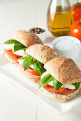 Close-up photo of sandwich, burger with caprese salad with ripe tomatoes, basil, buffalo mozzarella cheese. Italian and Mediterranean food concept. Fresh and healthy organic meal. 