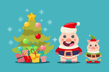 Funny Pig in Santa Claus and Elf costumes near the Christmas tree with gifts. Vector cartoon cute animal character isolated on background.