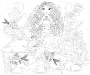 Coloring book for children: little mermaid and sea world