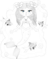 Coloring book for children: little mermaid and sea world