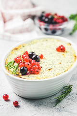 Cottage cheese poppy seed and berries cake. Selective focus, space for text.