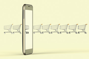 3D rendering of a conceptual image of online shopping with mobile devices