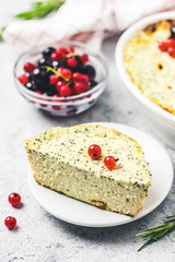 Cottage cheese poppy seed and berries cake. Selective focus, space for text.
