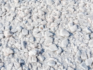 The stones are covered with a crust of salt on the shores of the salar Baskunchak. Extraction of salt