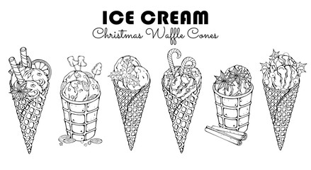 Group of vector illustrations on the Christmas sweets theme; set of different kinds of ice cream in waffle cones decorated with berries, chocolate or nuts. Realistic isolated objects for your design.